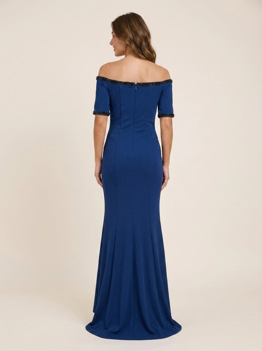 Blue Mermaid Off-Shoulder Short Sleeve Beaded Ruched Royal Floor-Length Prom Dress