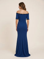 Blue Mermaid Off-Shoulder Short Sleeve Beaded Ruched Royal Floor-Length Prom Dress