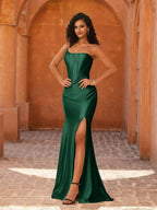 Green Mermaid One-Shoulder Corset High Slit Emerald Floor-Length Prom Dress