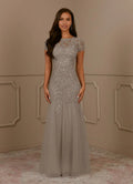 Elegant Mermaid Round-Neck Short Sleeves Lace Sequins Tulle Grey Maxi Mother Dress