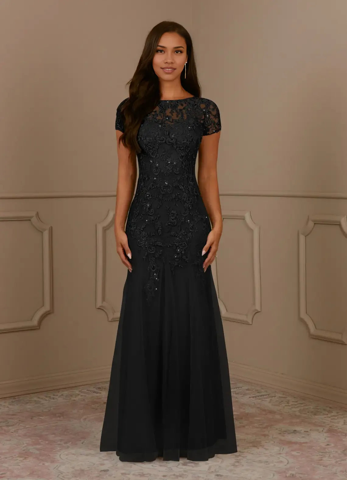 Elegant Mermaid Round-Neck Short Sleeves Lace Sequins Tulle Grey Maxi Mother Dress