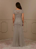 Elegant Mermaid Round-Neck Short Sleeves Lace Sequins Tulle Grey Maxi Mother Dress