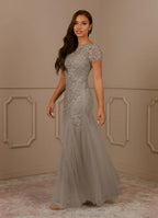 Elegant Mermaid Round-Neck Short Sleeves Lace Sequins Tulle Grey Maxi Mother Dress