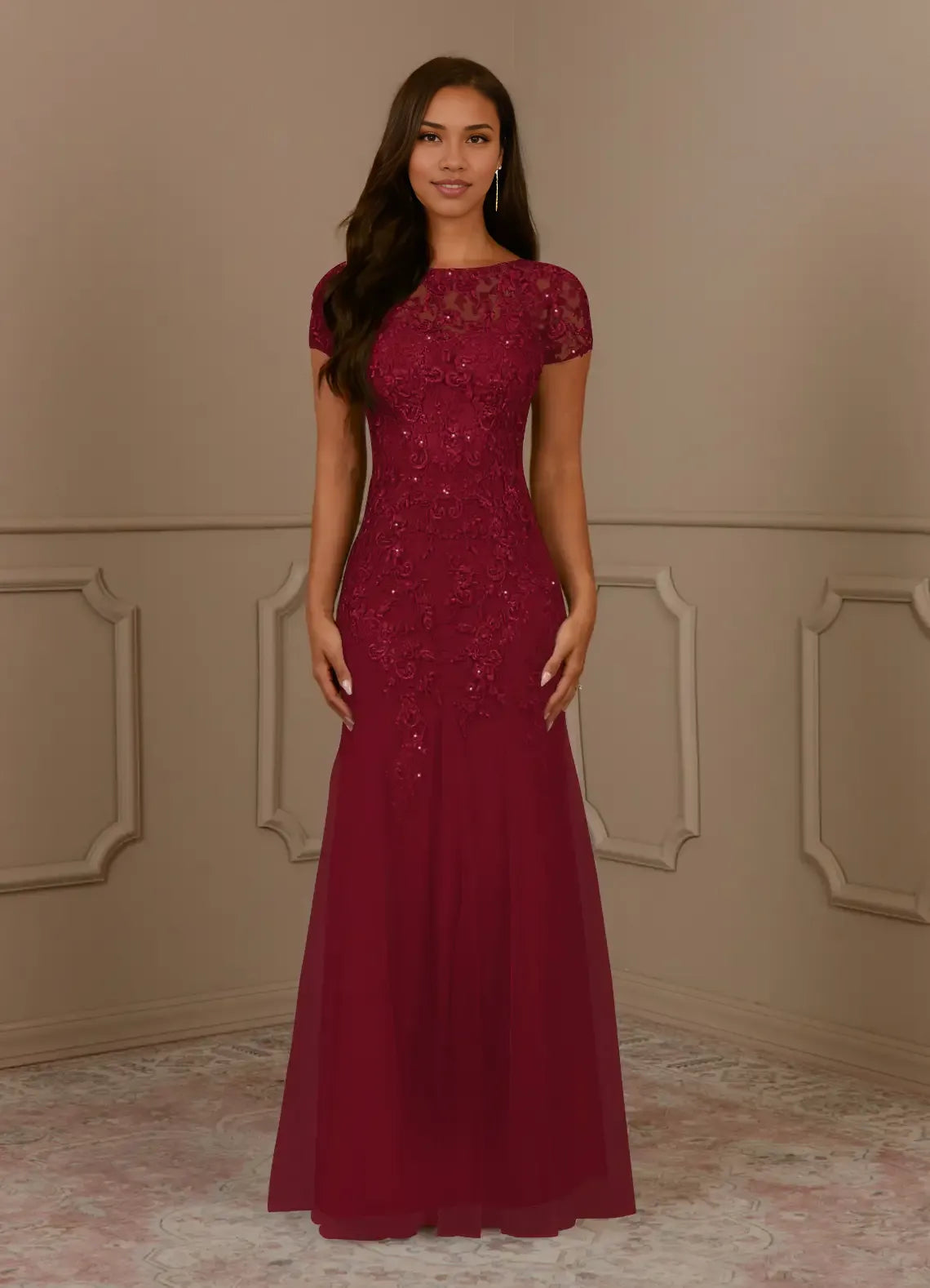 Elegant Mermaid Round-Neck Short Sleeves Lace Sequins Tulle Grey Maxi Mother Dress