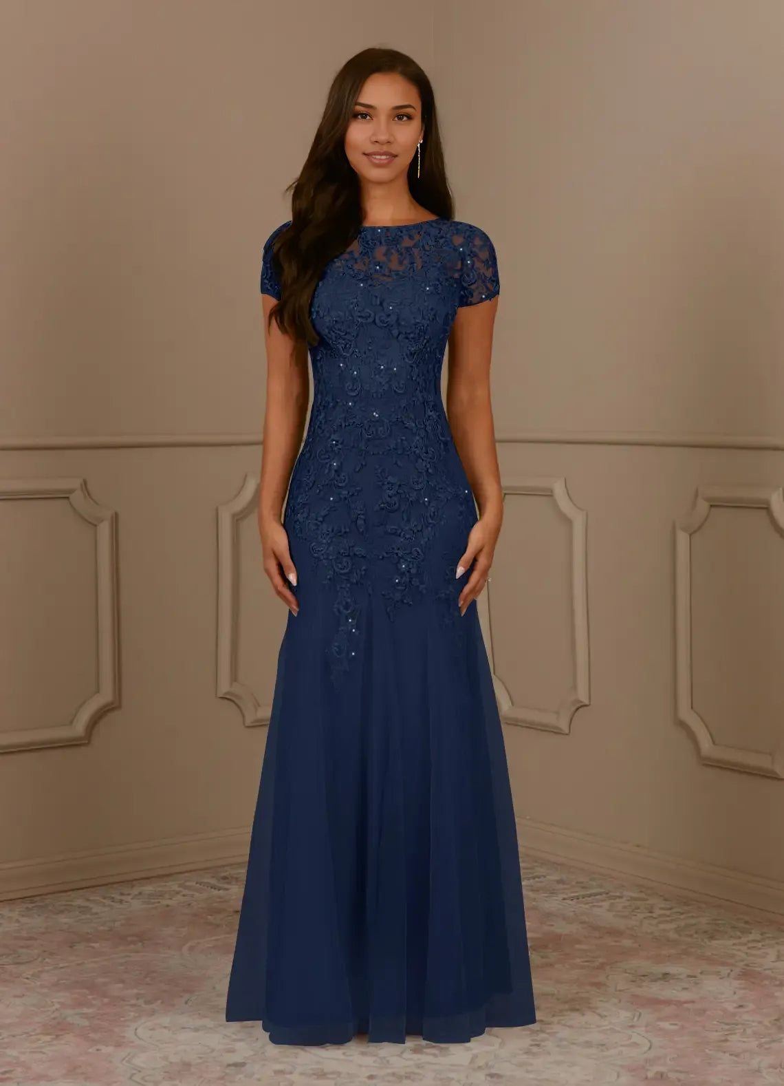 Elegant Mermaid Round-Neck Short Sleeves Lace Sequins Tulle Grey Maxi Mother Dress