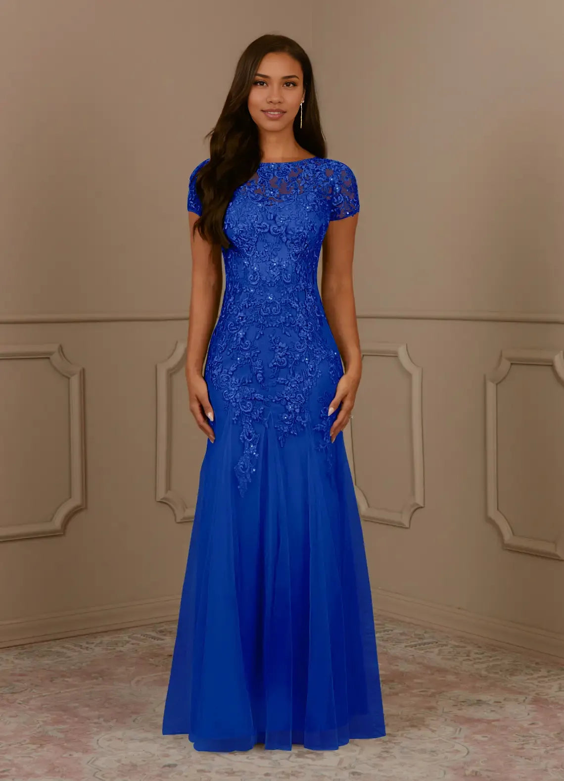 Elegant Mermaid Round-Neck Short Sleeves Lace Sequins Tulle Grey Maxi Mother Dress