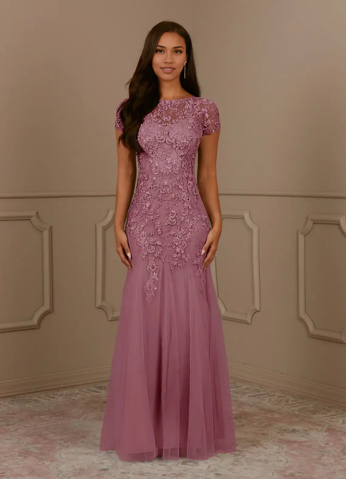 Elegant Mermaid Round-Neck Short Sleeves Lace Sequins Tulle Grey Maxi Mother Dress