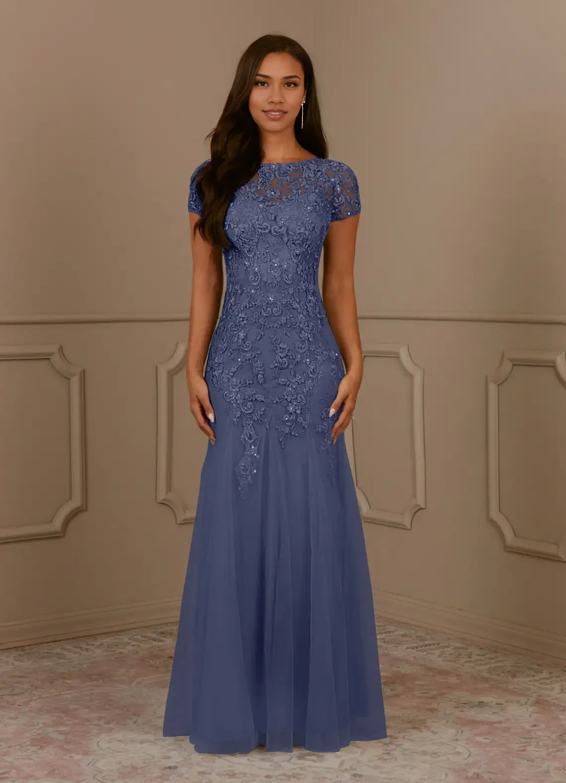 Elegant Mermaid Round-Neck Short Sleeves Lace Sequins Tulle Grey Maxi Mother Dress