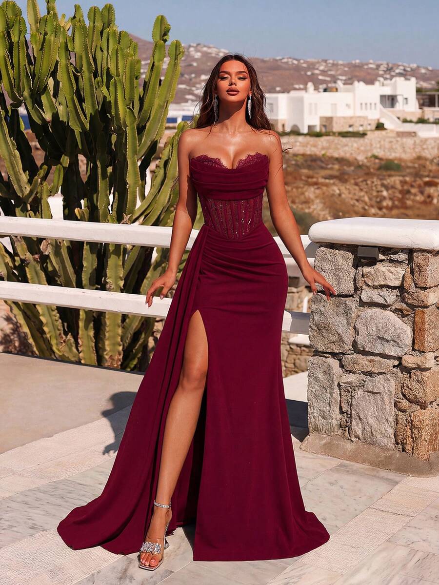 Wine Mermaid Sweetheart Strapless Corset Sheer Slit Wine Floor-Length Prom Dress