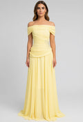 Off-the-Shoulder Ruched Beaded A-Line Maxi Dress