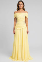 Off-the-Shoulder Ruched Beaded A-Line Maxi Dress