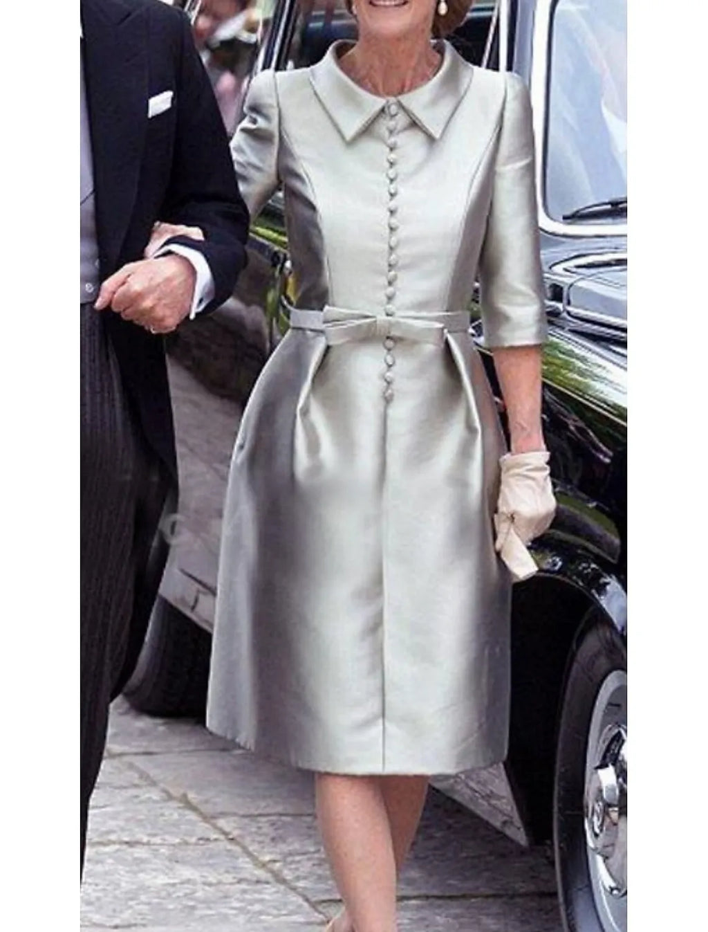 Sheath/Column 3/4 Length Sleeve Shirt Collar Pleated Knee-Length Cocktail Dress
