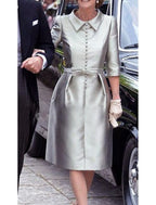 Sheath/Column 3/4 Length Sleeve Shirt Collar Pleated Knee-Length Cocktail Dress