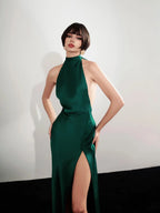 Green Sheath Halter Neck Backless Slit Emerald Floor-Length Prom Dress