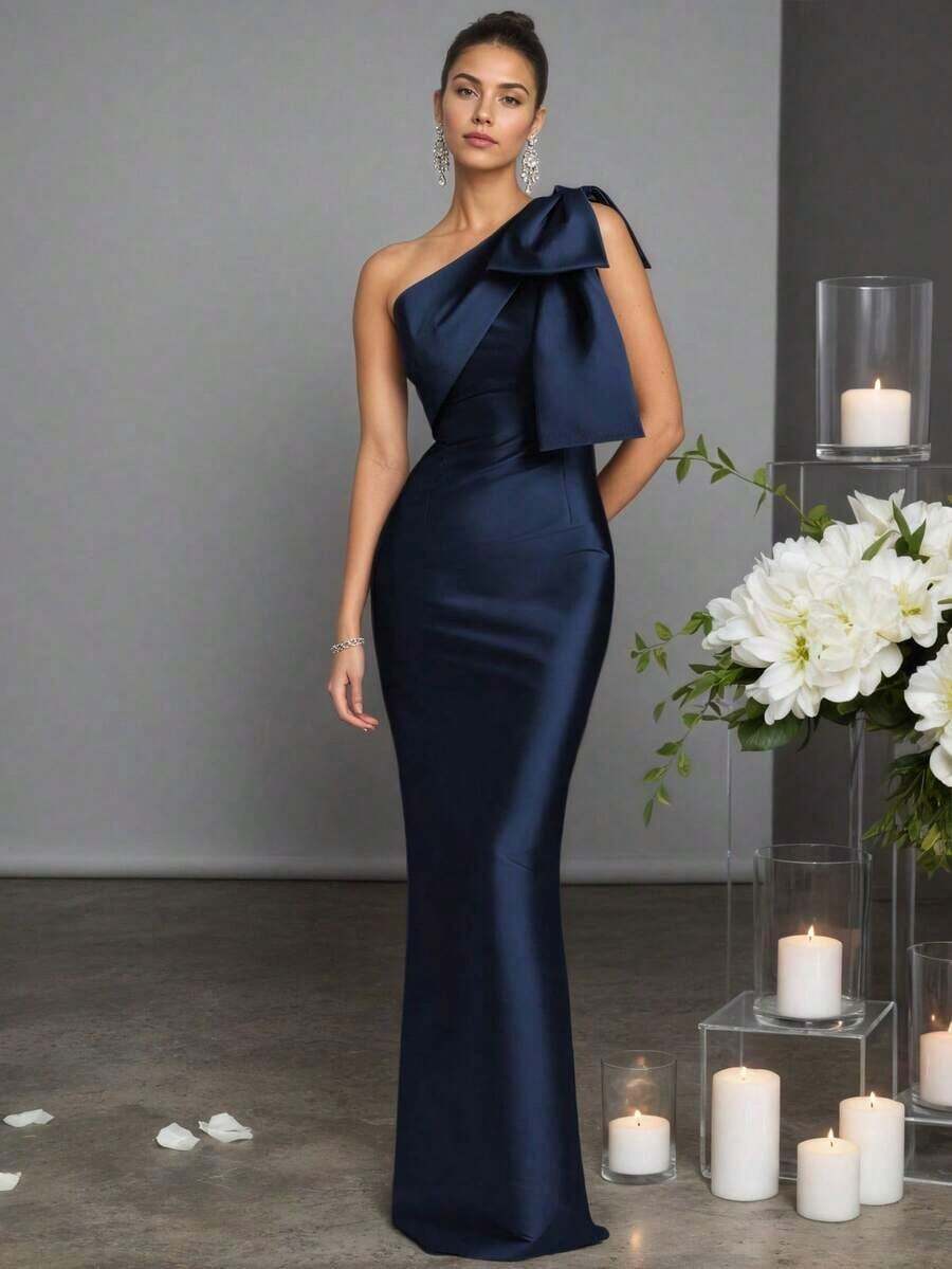 Navy Blue Sheath One-Shoulder Bow Detail Floor-Length Prom Dress