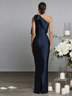 Navy Blue Sheath One-Shoulder Bow Detail Floor-Length Prom Dress