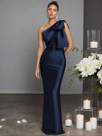 Navy Blue Sheath One-Shoulder Bow Detail Floor-Length Prom Dress