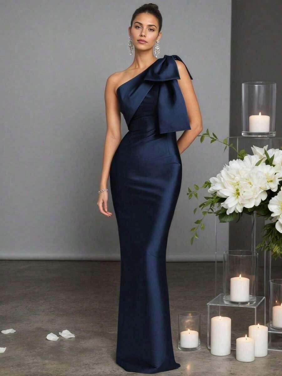 Navy Blue Sheath One-Shoulder Bow Detail Floor-Length Prom Dress