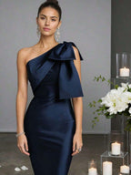 Navy Blue Sheath One-Shoulder Bow Detail Floor-Length Prom Dress