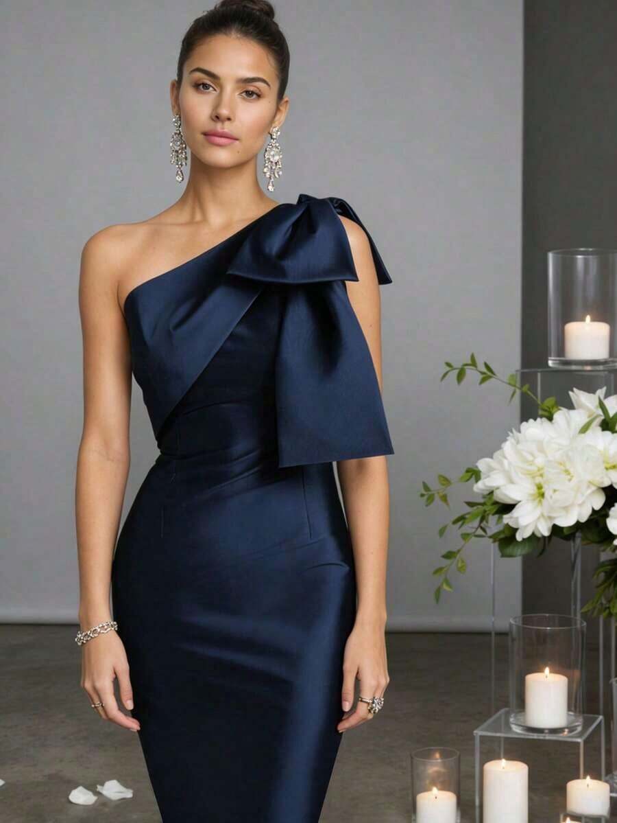 Navy Blue Sheath One-Shoulder Bow Detail Floor-Length Prom Dress