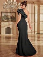 Black Sheath One-Shoulder Ruffled Beaded Floor-Length Prom Dress