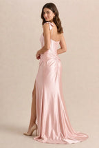 Sheath Sweetheart Corset Bow Blush Prom Dress With Sweep Train