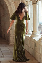 Sheath V Neck Short Sleeve Pleated Floor-Length Party Dress