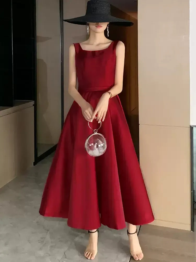 Square Neck Sleeveless A-Line Pleated Ankle Length Party Dress