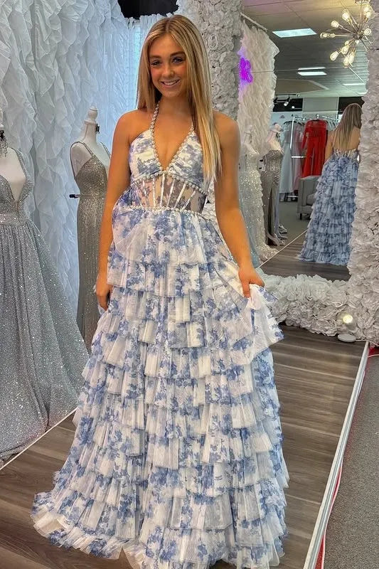 Tiered Halter Sleeveless A-Line Prom Dress