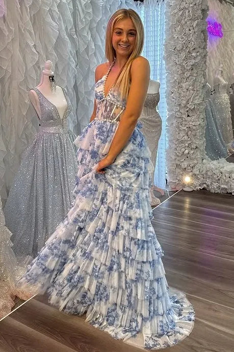 Tiered Halter Sleeveless A-Line Prom Dress