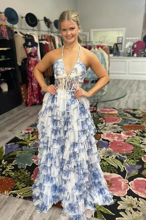 Tiered Halter Sleeveless A-Line Prom Dress