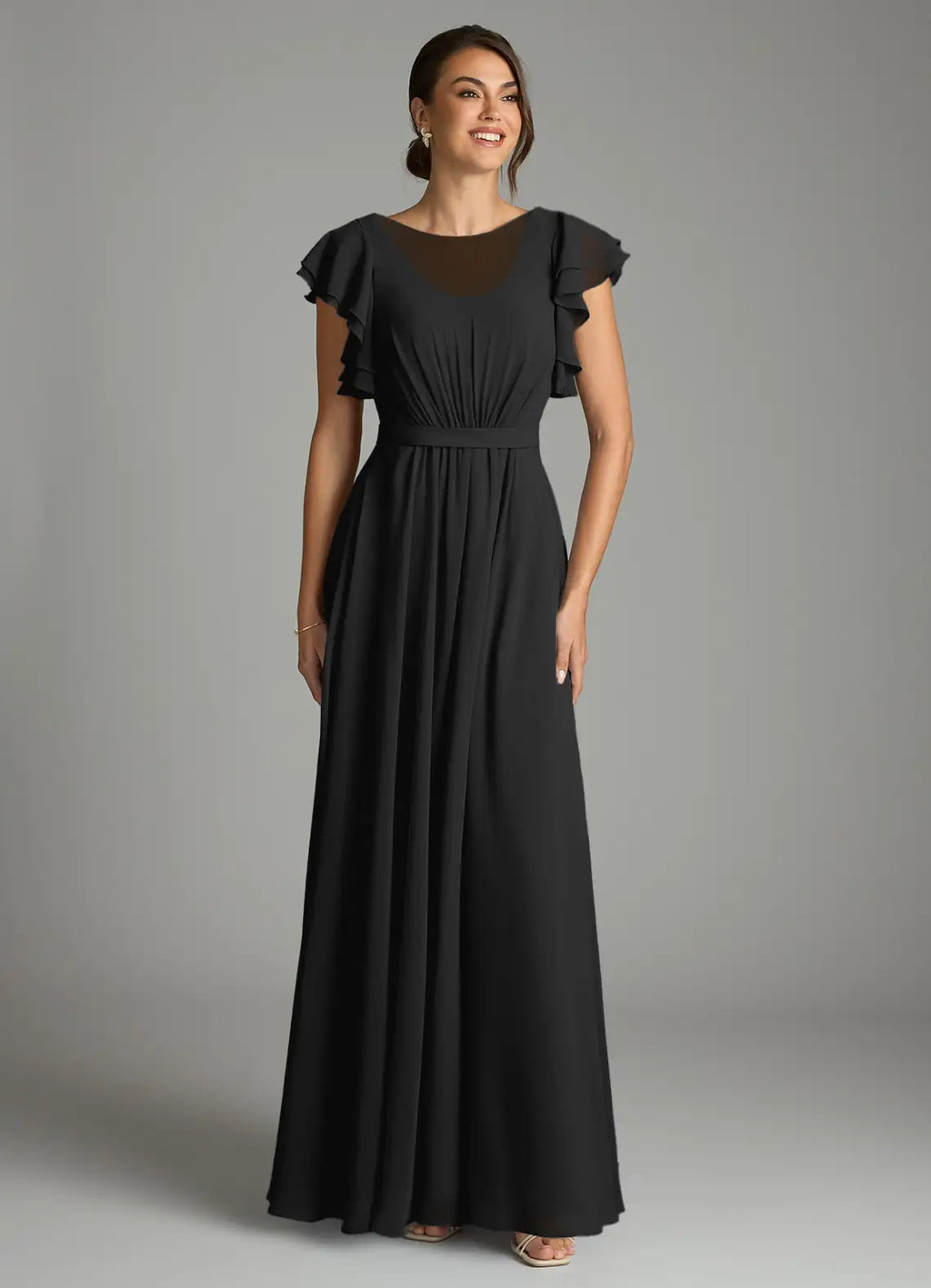 Elegant chiffon round neck floor length bridesmaid dress with ruffled cap sleeves, pleated bodice and waistband