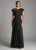 Elegant chiffon round neck floor length bridesmaid dress with ruffled cap sleeves, pleated bodice and waistband