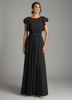 Elegant chiffon round neck floor length bridesmaid dress with ruffled cap sleeves, pleated bodice and waistband