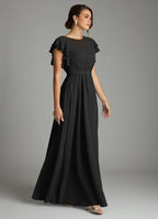 Elegant chiffon round neck floor length bridesmaid dress with ruffled cap sleeves, pleated bodice and waistband