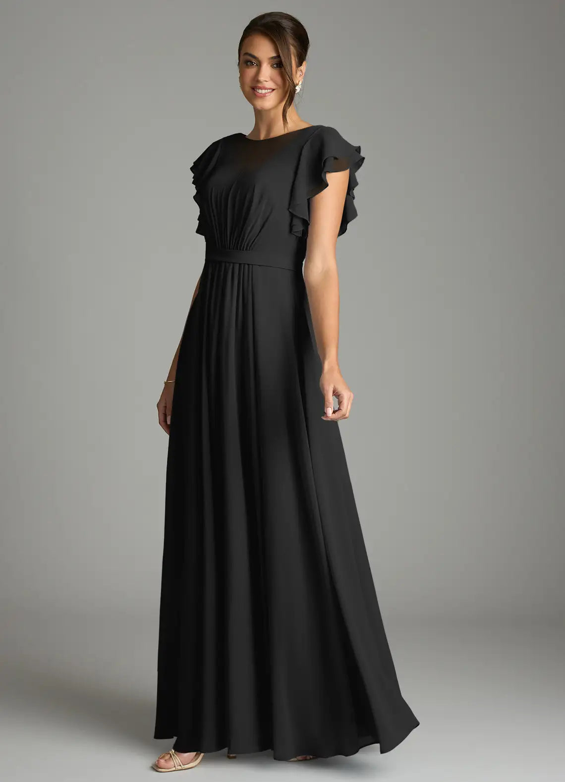 Elegant chiffon round neck floor length bridesmaid dress with ruffled cap sleeves, pleated bodice and waistband