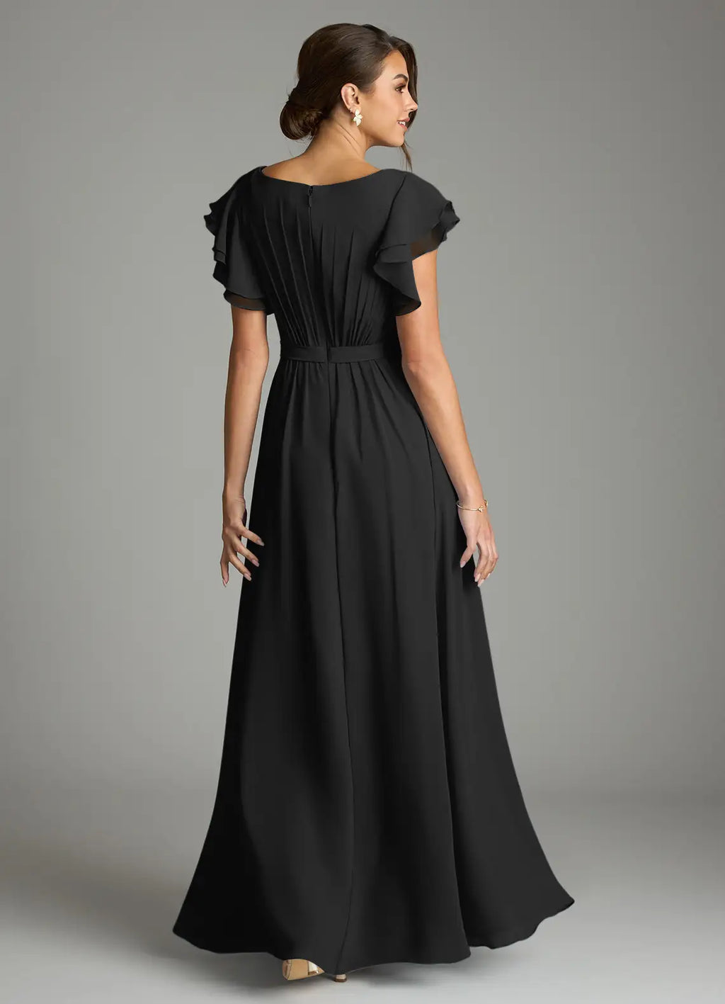 Elegant chiffon round neck floor length bridesmaid dress with ruffled cap sleeves, pleated bodice and waistband