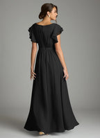 Elegant chiffon round neck floor length bridesmaid dress with ruffled cap sleeves, pleated bodice and waistband