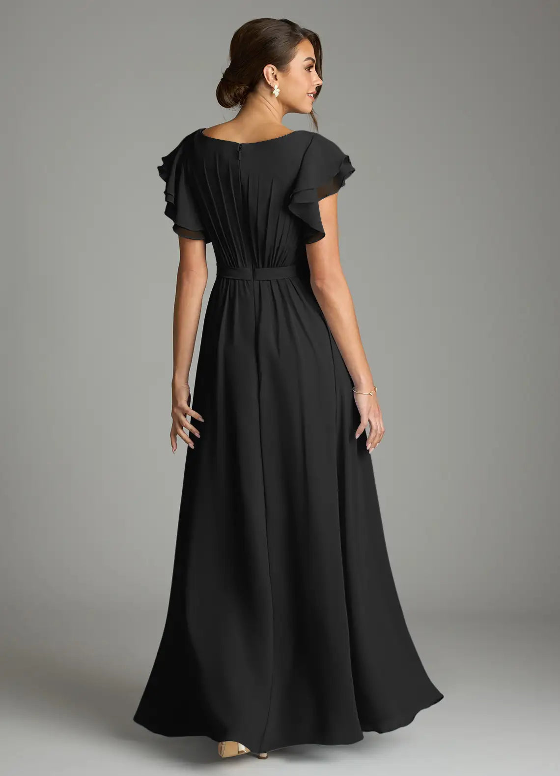Elegant chiffon round neck floor length bridesmaid dress with ruffled cap sleeves, pleated bodice and waistband