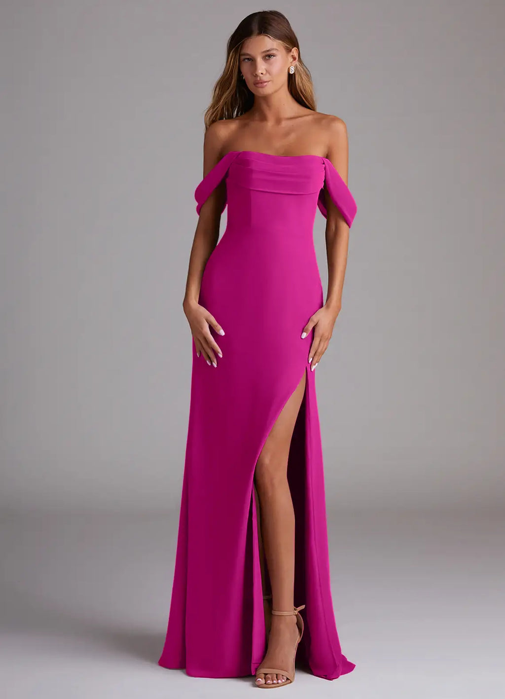 Elegant fuchsia off-the-shoulder bridesmaid dress with draped sleeves, open back, high slit and sheath skirt