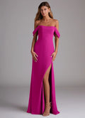 Elegant fuchsia off-the-shoulder bridesmaid dress with draped sleeves, open back, high slit and sheath skirt