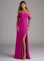 Elegant fuchsia off-the-shoulder bridesmaid dress with draped sleeves, open back, high slit and sheath skirt