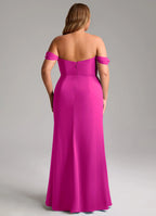 Elegant fuchsia off-the-shoulder bridesmaid dress with draped sleeves, open back, high slit and sheath skirt