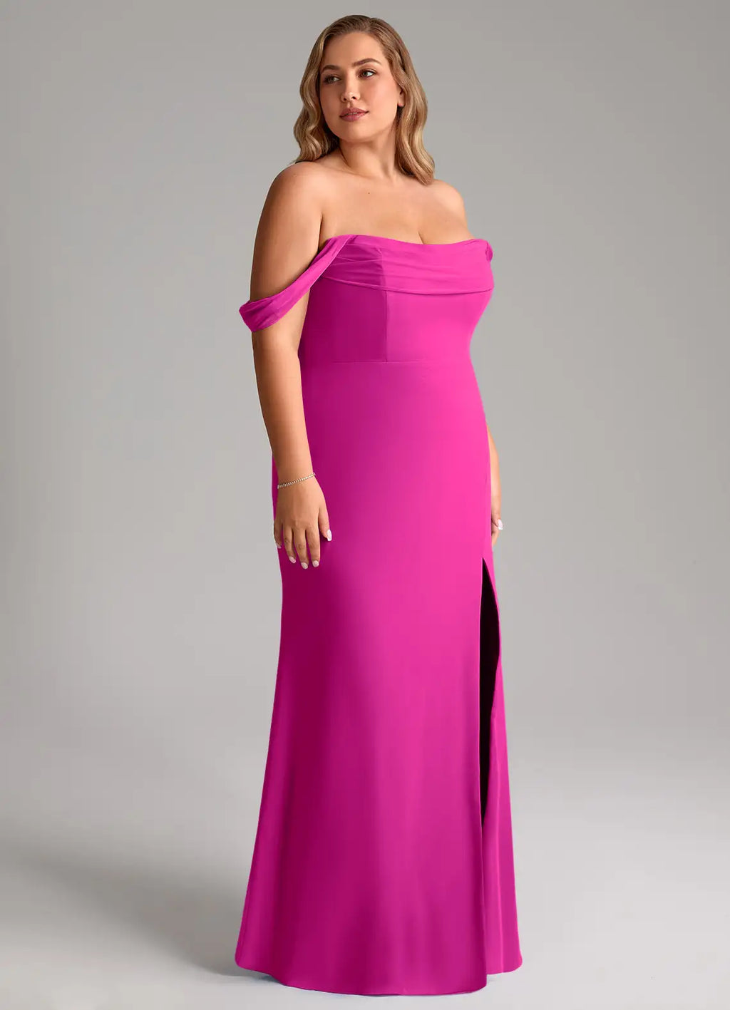 Elegant fuchsia off-the-shoulder bridesmaid dress with draped sleeves, open back, high slit and sheath skirt