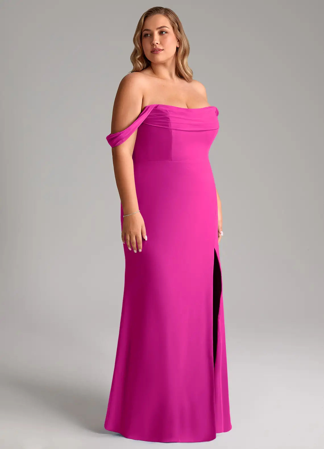 Elegant fuchsia off-the-shoulder bridesmaid dress with draped sleeves, open back, high slit and sheath skirt