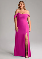 Elegant fuchsia off-the-shoulder bridesmaid dress with draped sleeves, open back, high slit and sheath skirt