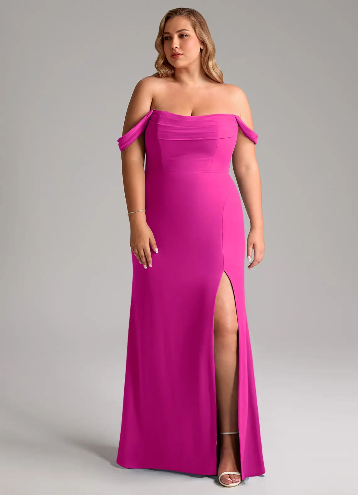Elegant fuchsia off-the-shoulder bridesmaid dress with draped sleeves, open back, high slit and sheath skirt