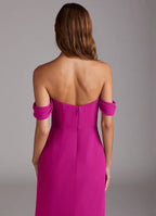 Elegant fuchsia off-the-shoulder bridesmaid dress with draped sleeves, open back, high slit and sheath skirt