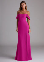 Elegant fuchsia off-the-shoulder bridesmaid dress with draped sleeves, open back, high slit and sheath skirt