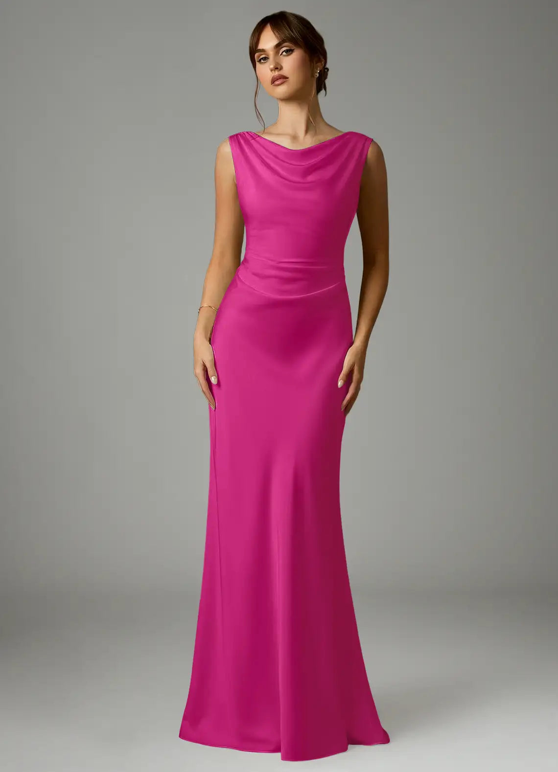Elegant fuchsia satin bridesmaid dress with cowl neck, draped open back, ruched waist and sheath skirt